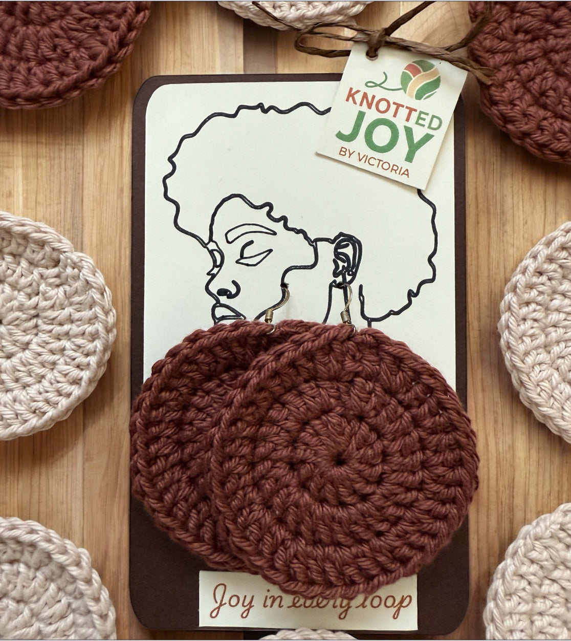 Crochet brown round earrings handcrafted by Knotted Joy by Victoria