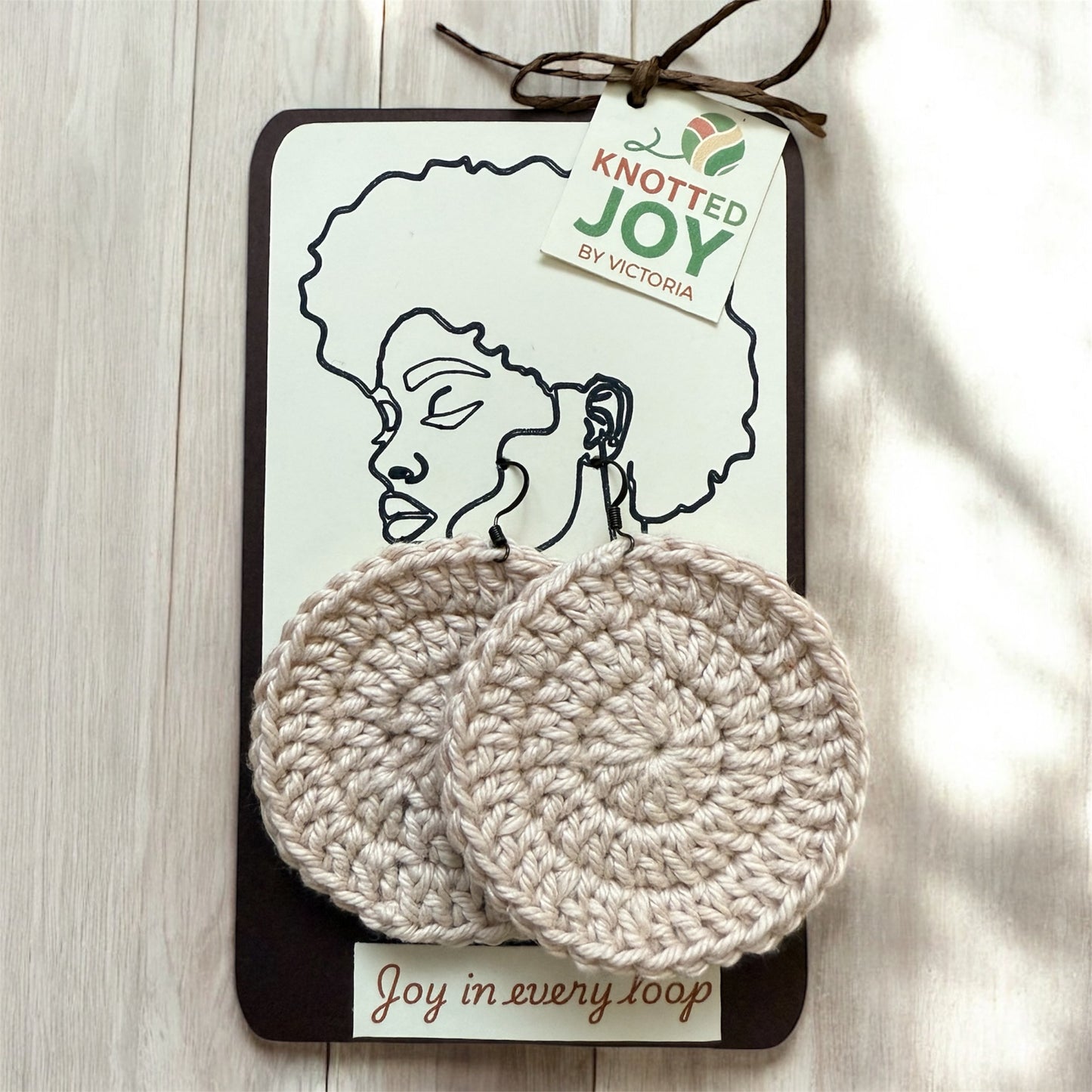 Handmade natural crochet earrings – soft neutral cotton yarn